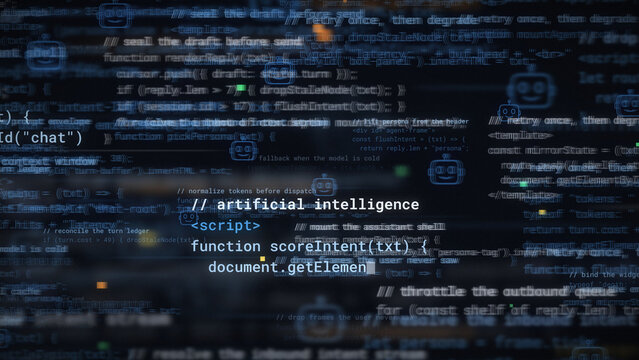 Dark blue code background with artificial intelligence comments, chatbot robot icons, and blurred script, for machine learning and automation themes