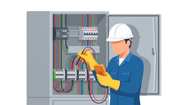 Electrician Conducting Safety Inspection on Industrial Circuit Breaker Panel in Modern Facility Illustration