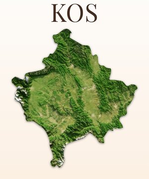 Kosovo Shaded Relief Map. Hillshaded physical terrain map illustration. Light background with title. Illustration elements derived from NASA Imagery and NASADEM Global Elevation Model.