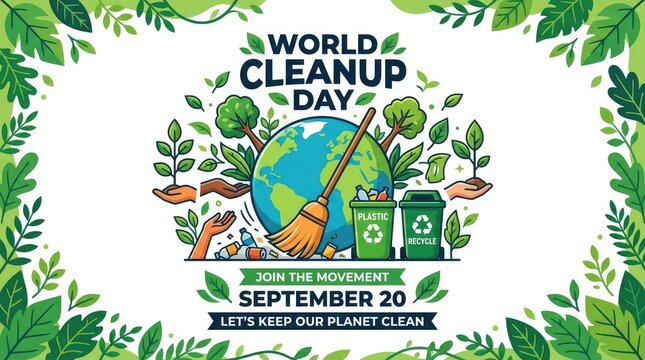 World cleanup day poster with globe, broom, recycling bins, and green leaves isolated on white background