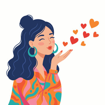 A charming illustration of a woman blowing colorful hearts, showcasing joy and love in a whimsical, stylish attire, perfect for capturing feelings and emotions.