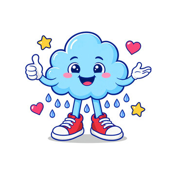 Cute rain cloud character, cartoon cloud mascot, raindrops falling, thumbs up, wearing red sneakers, weather concept, blue cloud illustration
