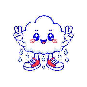Cute dark rain cloud character, funny storm cloud mascot giving peace sign, raindrops falling, red sneakers, retro cartoon weather