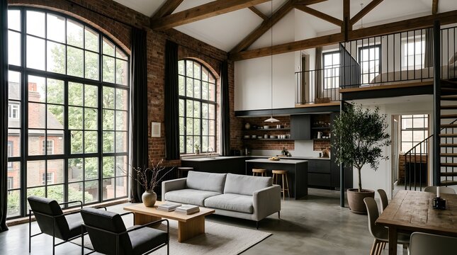 Modern Converted Schoolhouse Loft Apartment with Exposed Brick and Arched Windows