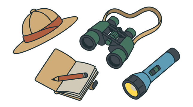 Set of explorer gear including pith helmet binoculars notebook pencil and flashlight for safari adventure. EPS Editable