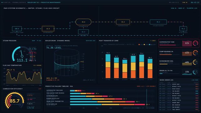 This industrial boiler predictive maintenance dashboard features a sleek design with real-time metrics and alerts, ensuring optimal performance and monitoring of boiler systems.