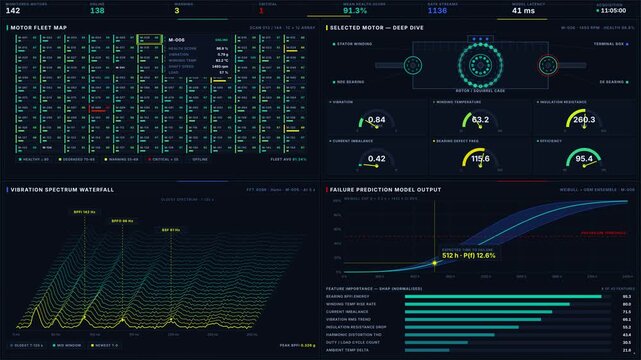 Explore the Industrial Motor Failure Prediction Dashboard featuring a dark themed interface with color-coded health metrics, animated data visualizations, and detailed motor insights.
