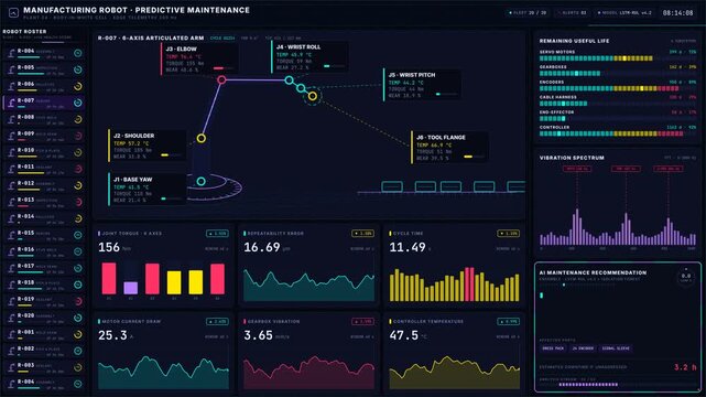 Explore a sophisticated manufacturing robot predictive maintenance dashboard featuring vibrant colors and advanced metrics for performance monitoring and maintenance recommendations.