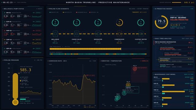 Explore an advanced oil and gas equipment predictive maintenance dashboard featuring real-time data visualization, sleek design, and sophisticated analytics for operational efficiency.
