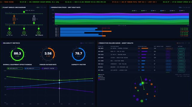 An advanced power plant asset reliability dashboard featuring real-time metrics, animated diagrams, and predictive analytics with vibrant colors and a modern layout for effective monitoring.
