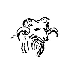 Ram with large curved horns, forward-facing, detailed line work, old vintage illustration, 1897. © Timofeeff