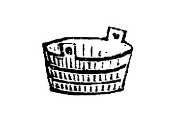 Round wooden washing tub with two side handles, old vintage illustration, 1897. © Timofeeff