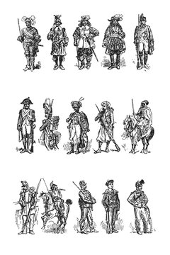 Historical military uniform illustrations, various periods and styles, old vintage illustration, 1897.