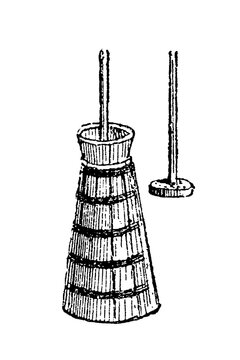 Wooden butter churn with conical base and plunger handle, old vintage illustration, 1897.