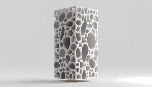 AI generated futuristic white organic porous block sculpture with voronoi pattern holes isolated on white backdrop