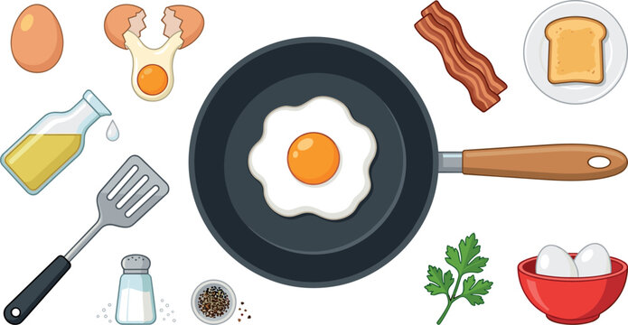 Fried Egg and Breakfast Cooking Icon Set with Frying Pan Bacon Toast Spatula Oil and Ingredients Vector Illustration for Culinary Graphic Designs