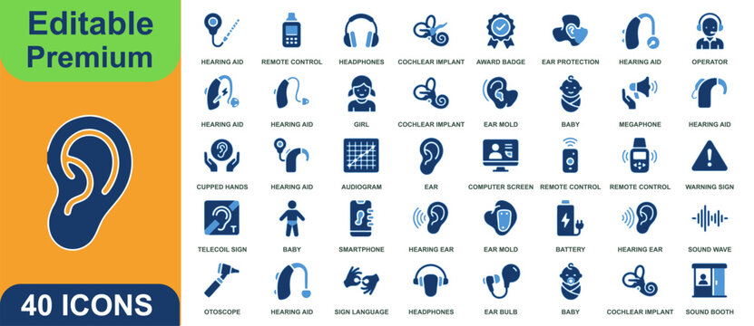 Hearing aid and ear care two tone flat color icons set for web and mobile