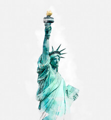 Watercolor painting illustration of the Statue of Liberty isolated on white background © Maria