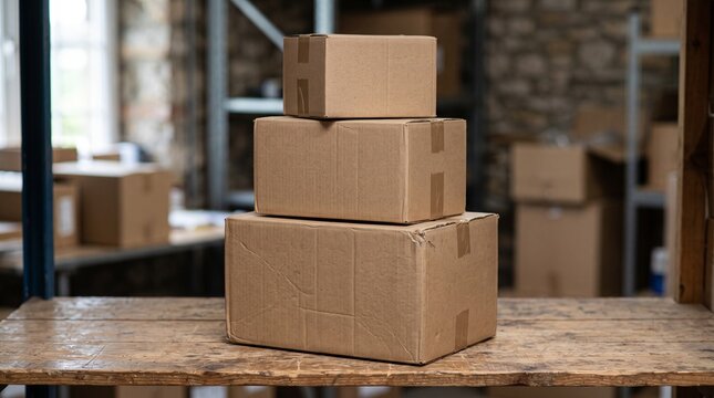 Stack of brown cardboard parcel boxes on wooden shelf in logistics storage warehouse