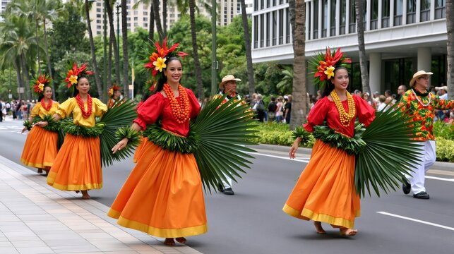 Hawaiian women dancing hula in Honolulu parade