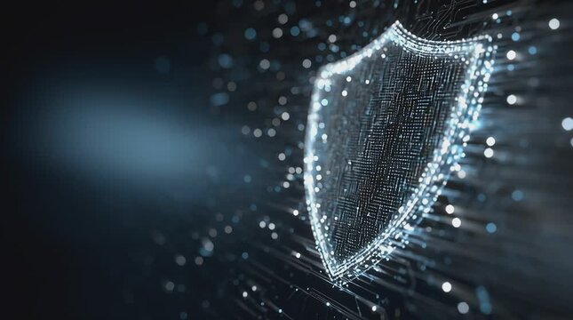 A luminous shield icon formed by glowing particles, symbolizing digital security and protection in a technological network