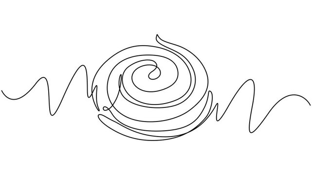 Minimalist Cinnabon Bun One Line Art Animation, Animated self drawing of Cinnabon bun one line art. Continuous line drawing of cake, butter roll, Cinnamon roll video design illustration. Traditional.