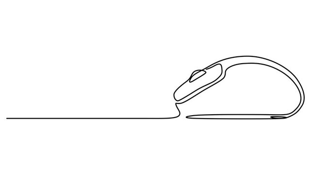 continuous line animation of computer mouse. Cursor tool for digital display, Computer optical mouse tool one line art animation, hand drawn input office device, idea laptop internet work drawing pro.