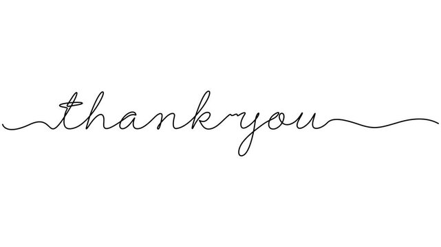 thank you animated continuous single one line art drawn animation phrase on white black background. hand drawing of word text thanks, Continuous one line drawing of Thank you hand lettering animation.