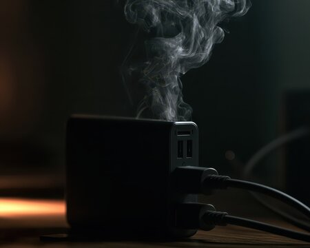 A black power adapter overheating and emitting smoke while plugged into a wall outlet, representing a dangerous electrical fire hazard or faulty electronic device failure
