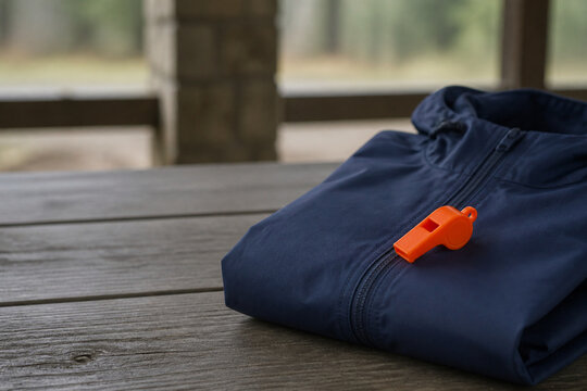 Orange safety whistle on a folded rain jacket