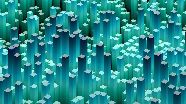 3d bar charts pulsating, intricate abstract cityscape of rising blocks in vibrant teal and blue gradients, data visualization and modern technology