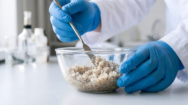 Close-Up of Gloved Hands Mixing Exfoliating Granules in Glass Bowl with Spatula
