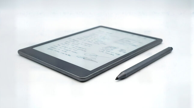Digital e-reader tablet with handwritten notes on screen and accompanying