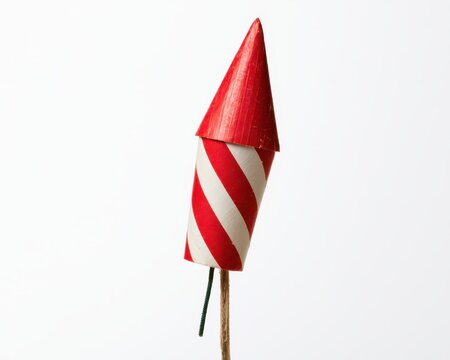 A single red and white striped firework rocket isolated on white background