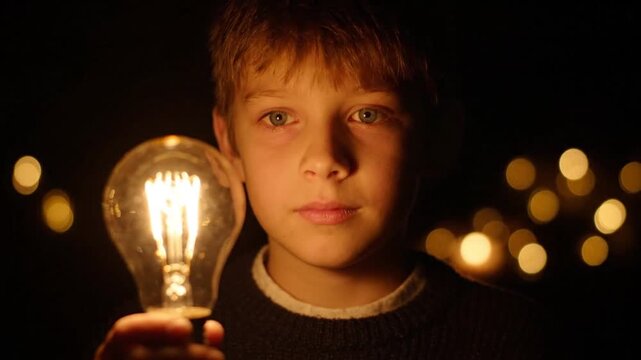 A young boy holding a glowing light bulb in the dark representing a bright idea.