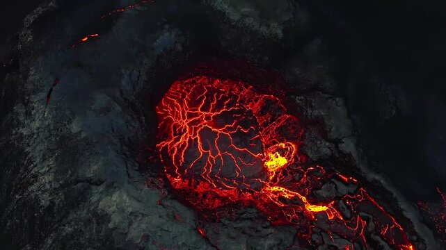 Aerial view of molten lava lake glowing inside volcanic crater at night during dramatic eruption event.