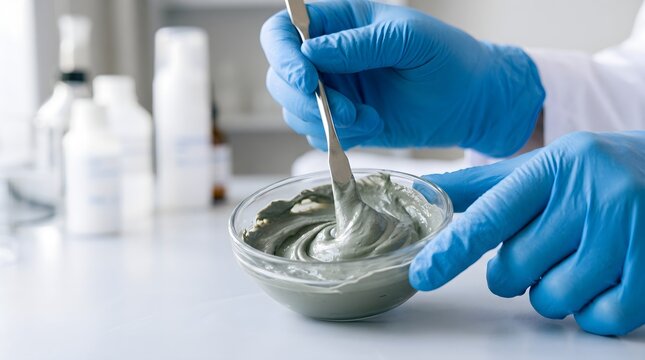 Close-Up of Gloved Hand Mixing Thick Grey-Green Clay Mask in Glass Bowl with Spatula