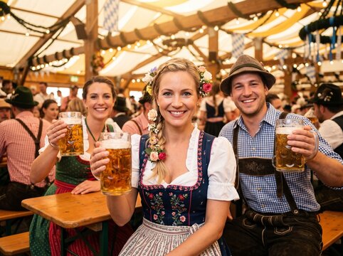 Smiling young Bavarian woman in floral braided hairstyle and dirndl holding beer mug with friends in lederhosen inside crowded Oktoberfest tent at Munich festival.