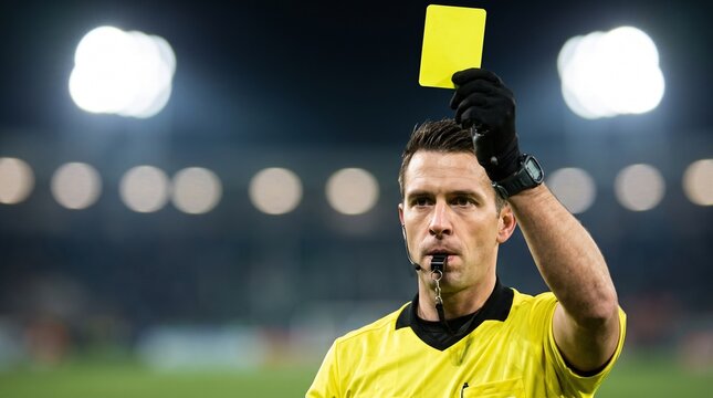 A male soccer referee in a yellow shirt holding up a yellow card during a night game under bright stadium lights.