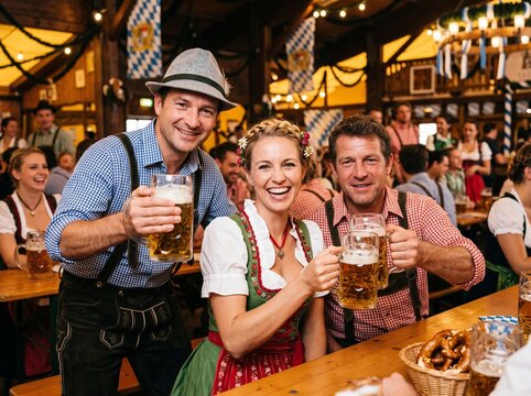 Group of happy friends in traditional Bavarian dirndl and lederhosen cheering with large beer steins and pretzels while sitting at a table inside a lively Oktoberfest tent.