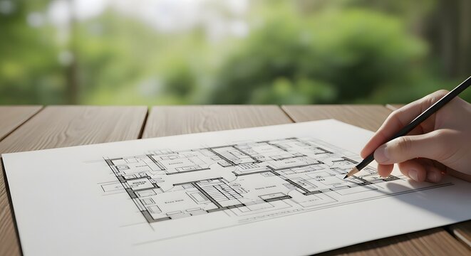 Architectural Blueprint Drawing on Wooden Table Outdoors.