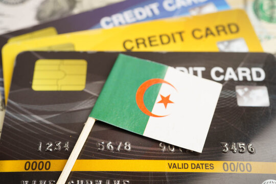 Algeria flag on credit card, finance economy trading shopping online business.