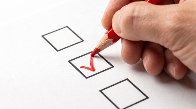 A hand holding a red pencil marking a checkmark in a checkbox on a white paper.