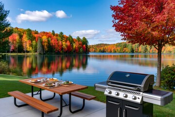 Fototapeta premium Autumn lake picnic with BBQ grill and fall colors