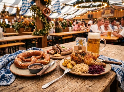 Traditional Bavarian Oktoberfest food feast featuring roasted chicken, grilled sausages, sauerkraut, salted pretzel, and draft beer mug served on wooden table in festive beer tent.