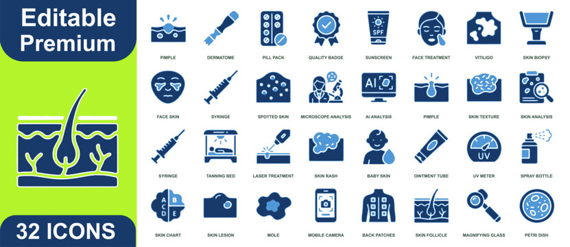 Dermatology and skincare glyph vector icons set featuring blue medical and treatment symbols