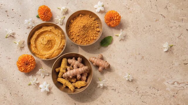 Indian wedding haldi ceremony turmeric and marigold flowers on stone