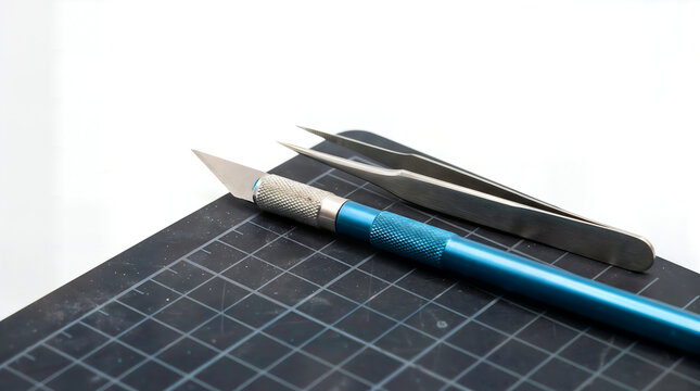Blue craft hobby knife and precision tweezers on a cutting mat closeup