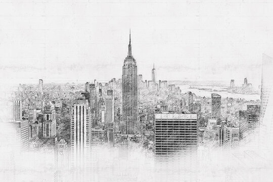 New York City skyline, hand drawn style pencil sketch