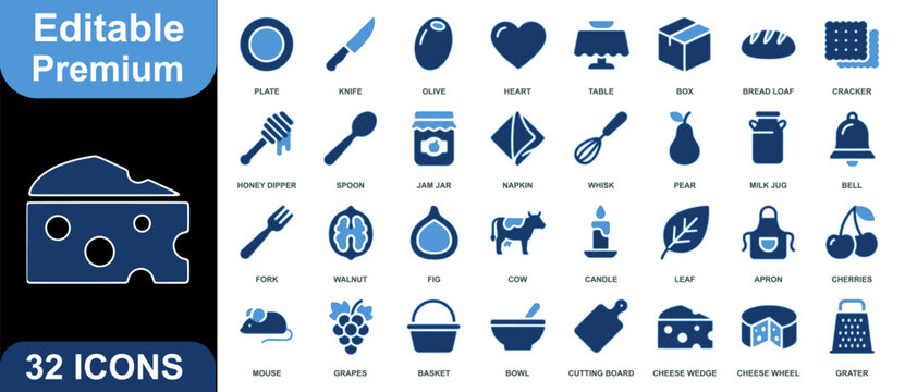 Gastronomy kitchen utensils and dairy food icon collection
